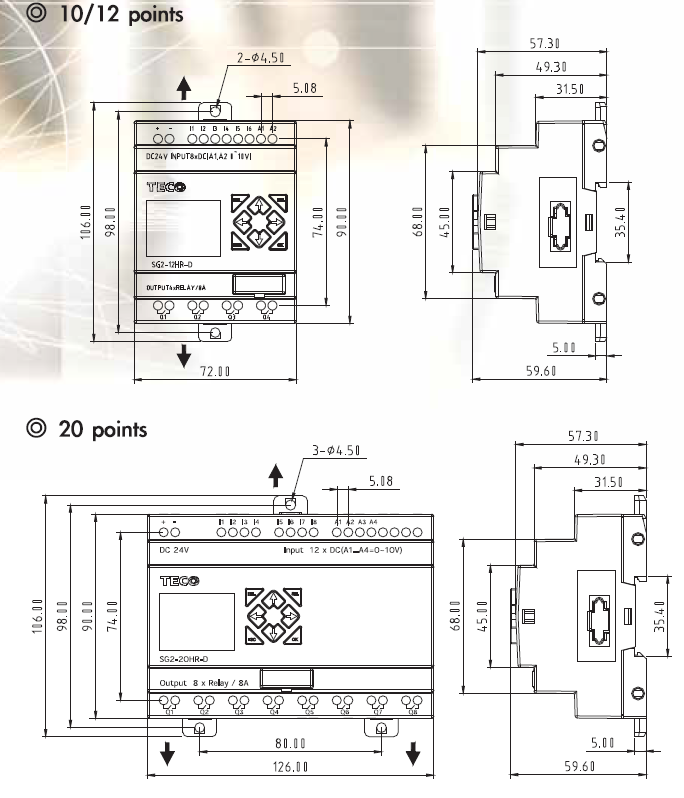 Dimensions for Teco SG2 Series